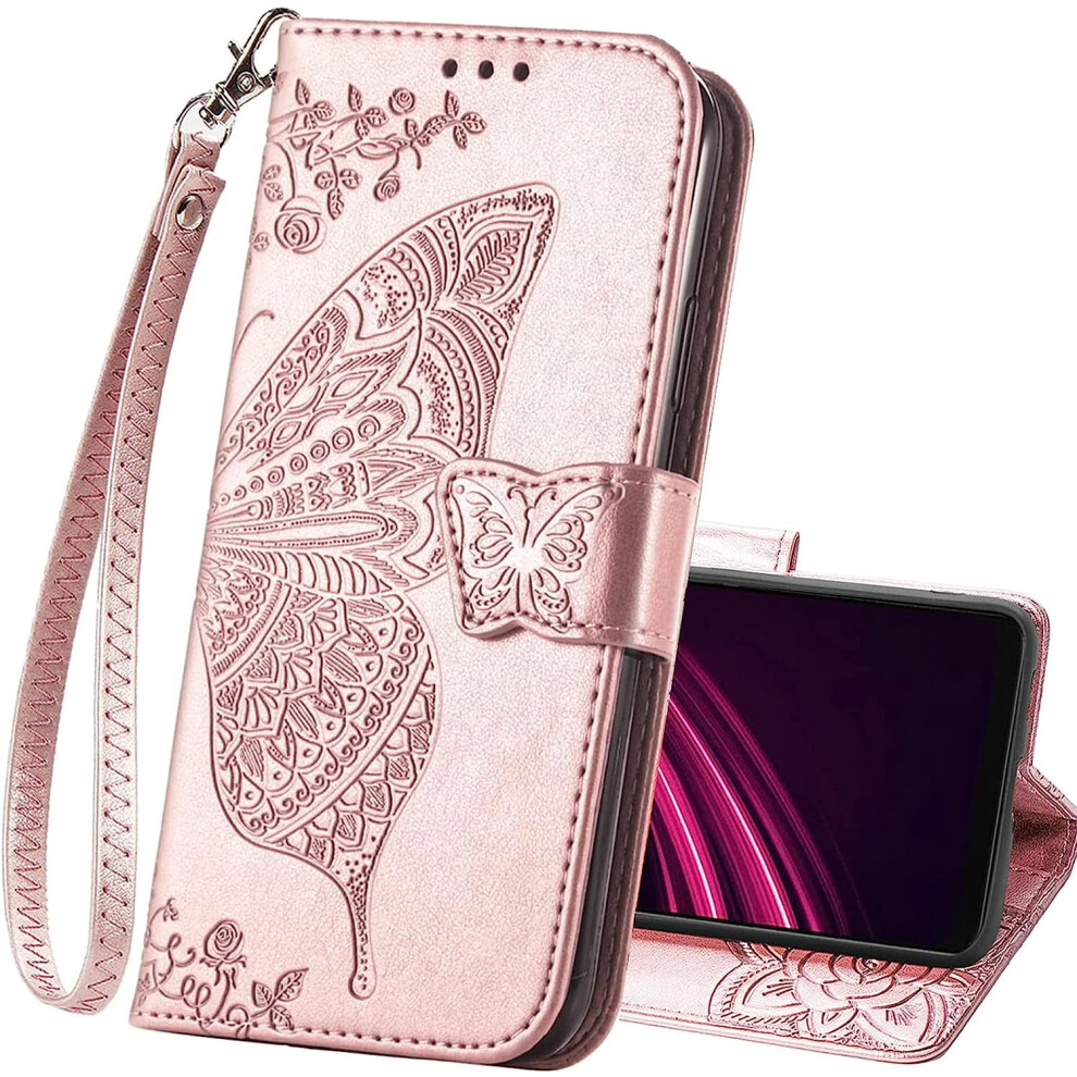Wallet Case For T-Mobile Revvl 6 5G - Pu Leather Flip Case With Wrist Strap, Card Slots, Butterfly Flower Design 9433291463611