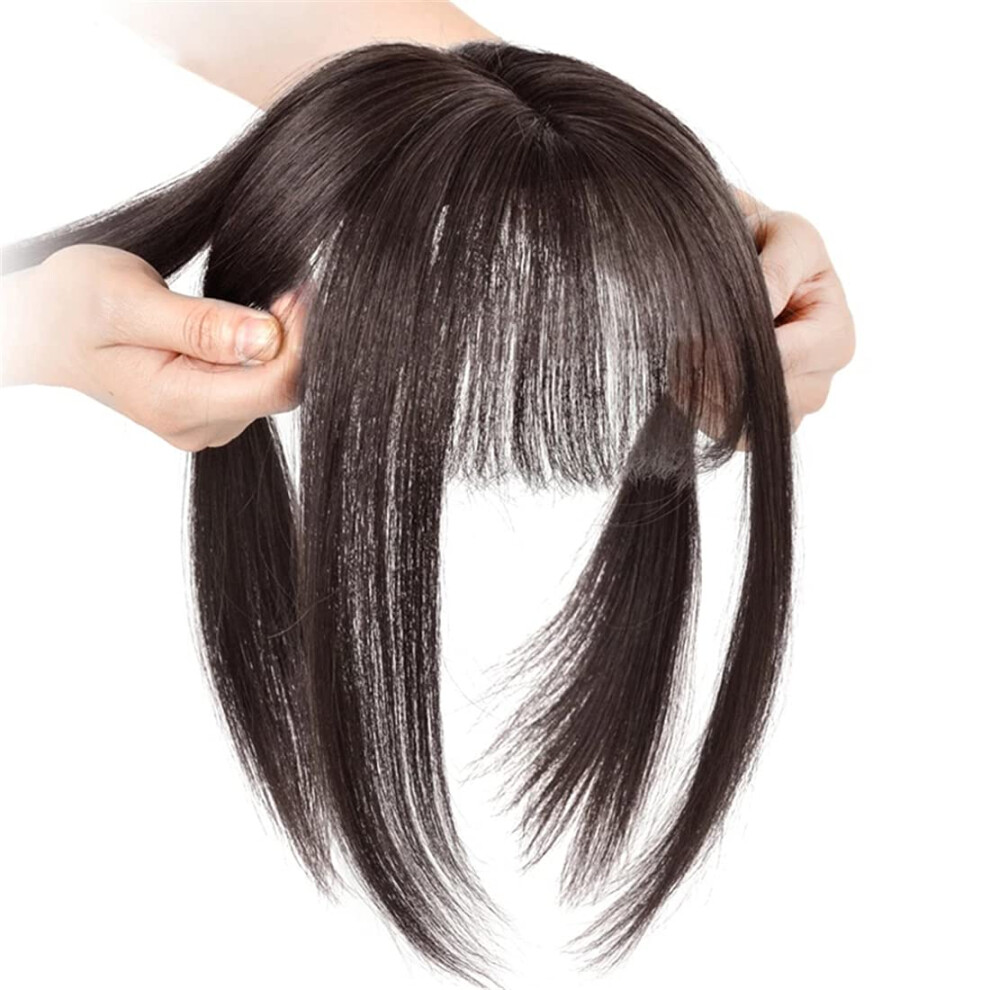 Unisex Brown Dark Human Hair Topper With Bangs, 8 Inch Clip In Silk Base Wiglet For Thinning Hair