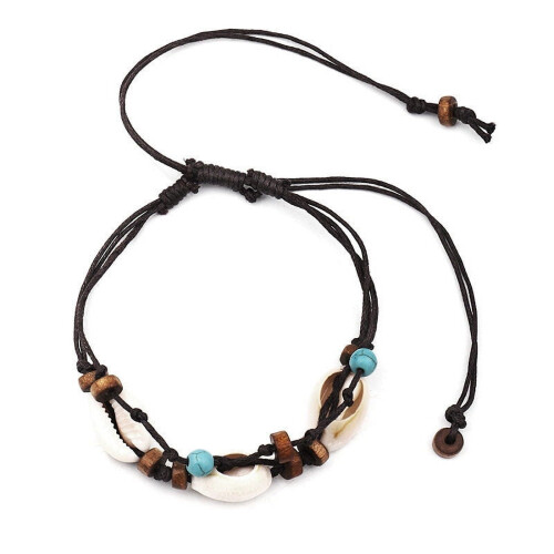 Βραχιόλι ποδιού Boho με φυσική πέτρα από κοχύλια για γυναίκες, ξύλινες χάντρες,