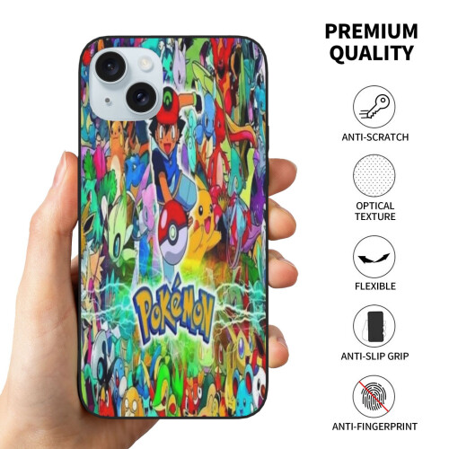 Capa para iPhone 15 compatível com Pikachu, capa de vidro macio para celular com câmera dupla. 2