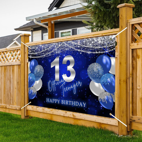 Προσαρμοσμένο πανό με φόντο Happy13th Birthday για αγόρια και κορίτσια, μπλε επίσημες 2
