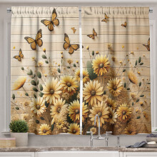 Ambesonne Rustic Kitchen Curtains, Meadow Bloom Butterflies, 55"x24", Pale Orange Tan Green