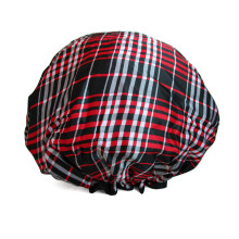 Large Waterproof Shower Cap for Long Hair with PEVA Lining, Reusable Black Red Pinstripes