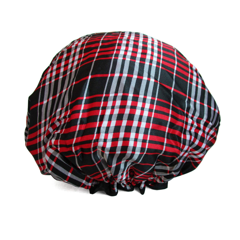 Black/Red Large Waterproof Shower Cap For Long Hair With Peva Lining, Reusable Pinstripes