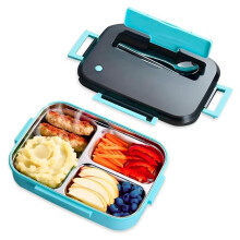 Boîte à bento pour le déjeuner, livrée avec de la vaisselle. Sa structure en métal la rend compatible avec le congélateur et le lave-vaisselle.