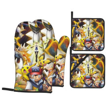 Gants de cuisine et maniques Pikachu, lot de 4, résistants à la chaleur, compatibles micro-ondes et grils, antidérapants, pour la cuisson au four
