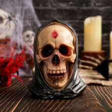 SUSUchens Crâne humain réaliste en résine rétro, statue de crâne avec capuche, figurine décorative effrayante pour Halloween, gris