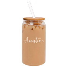 Gobelet à café glacé en verre de 473 ml (16 oz) en forme de canette, avec couvercle en bambou et paille. Cadeau pour tante avec un cœur.