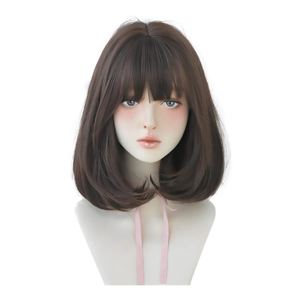 Human Hair Short Bob Wig with Bangs, Natural Wavy Shoulder Length, Heat Resistant Synthetic