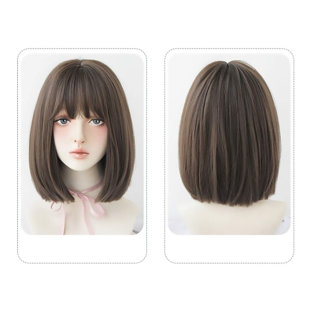 Brown Short Bob Straight Wig with Bangs â Natural Full Look, Breathable Cap, HeatFriendly for Daily and Party Use