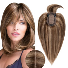 Human Hair Topper for Women Silk Base Hairpiece Clip In for Thinning Hair 12 Inch Medium Brown Dark Blonde