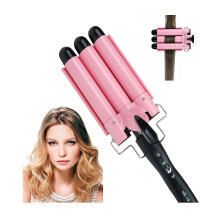 Triple Barrel Curling Iron 25mm Tourmaline Ceramic Waver with LCD Temp Dual Voltage Pink
