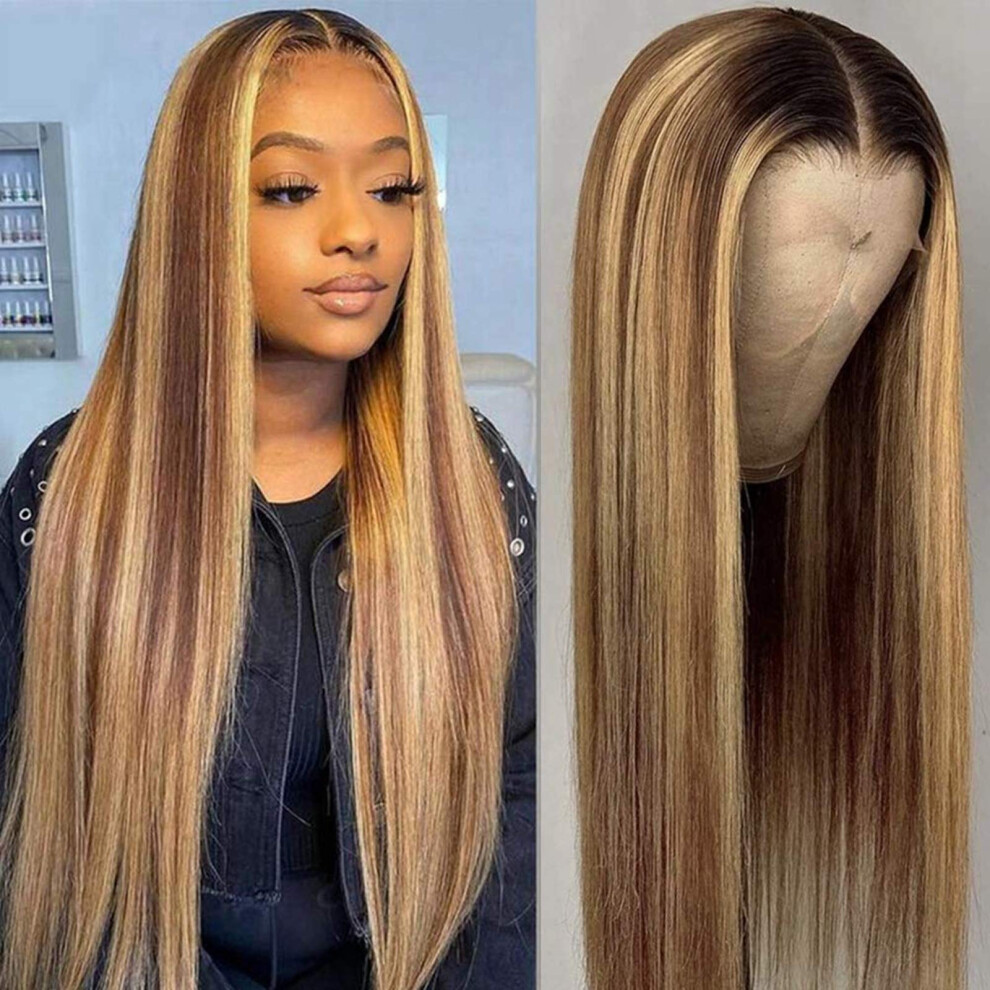 Unisex Brown 13X4 Ombre Highlight Straight Lace Front Wig Virgin Brazilian Remy Human Hair Pre Plucked 18 Inch