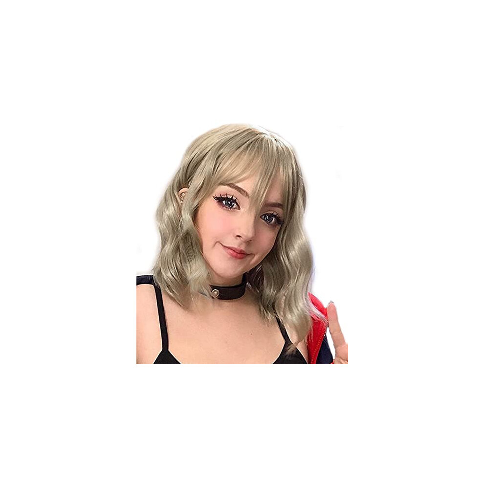 Unisex Ash Blonde Short Bob Wig With Bangs, Loose Wavy Shoulder Length Synthetic, Heat Resistant Fiber