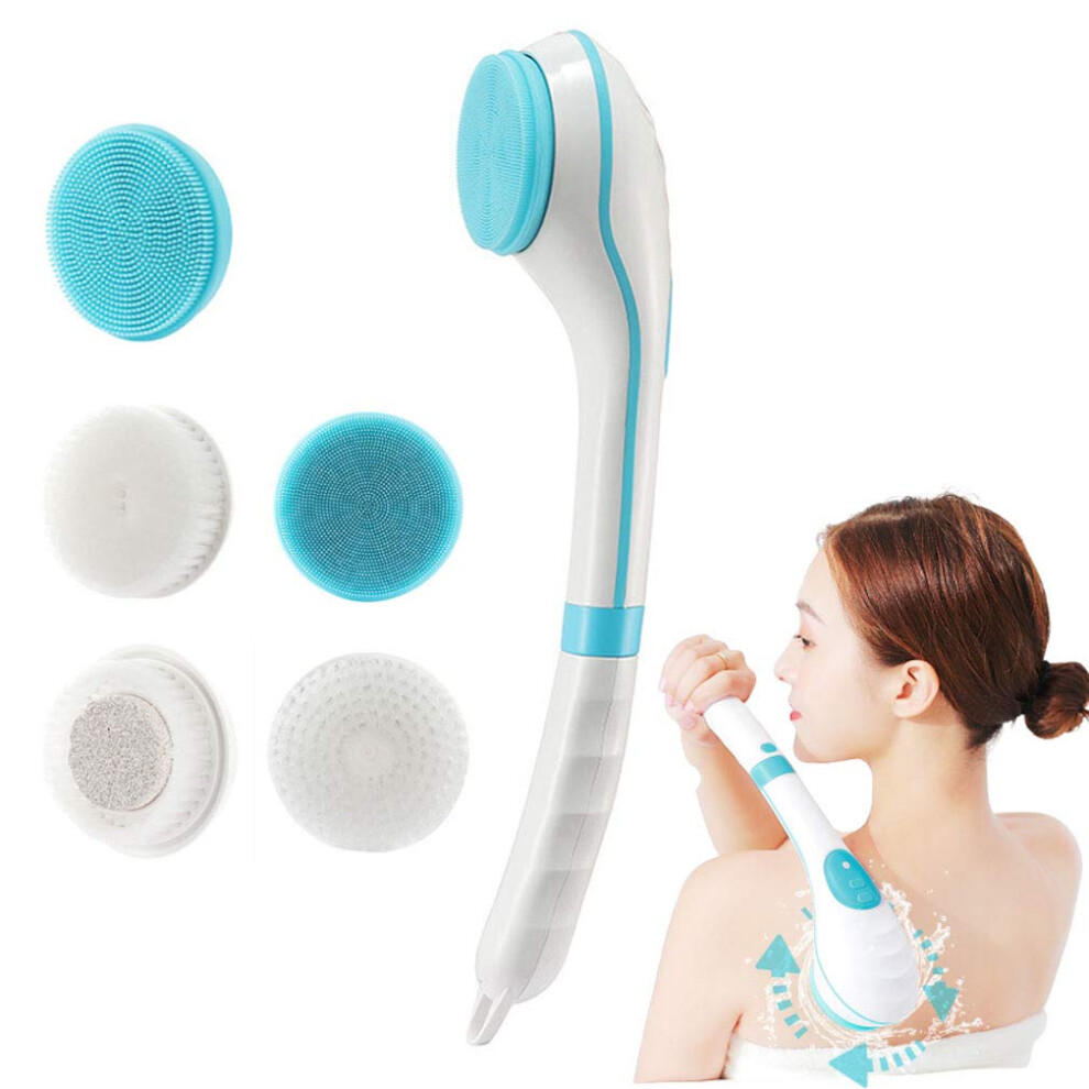 Electric Body Scrubber with Long Handle, 360 Spin, 5 Heads, USB Rechargeable, IPX7 Waterproof, Blue