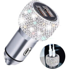 Luxus dupla USB autós töltő, csillogó csillogású dekoráció gyors töltési képességgel iPhone, iPad, Samsung és más eszközökhöz