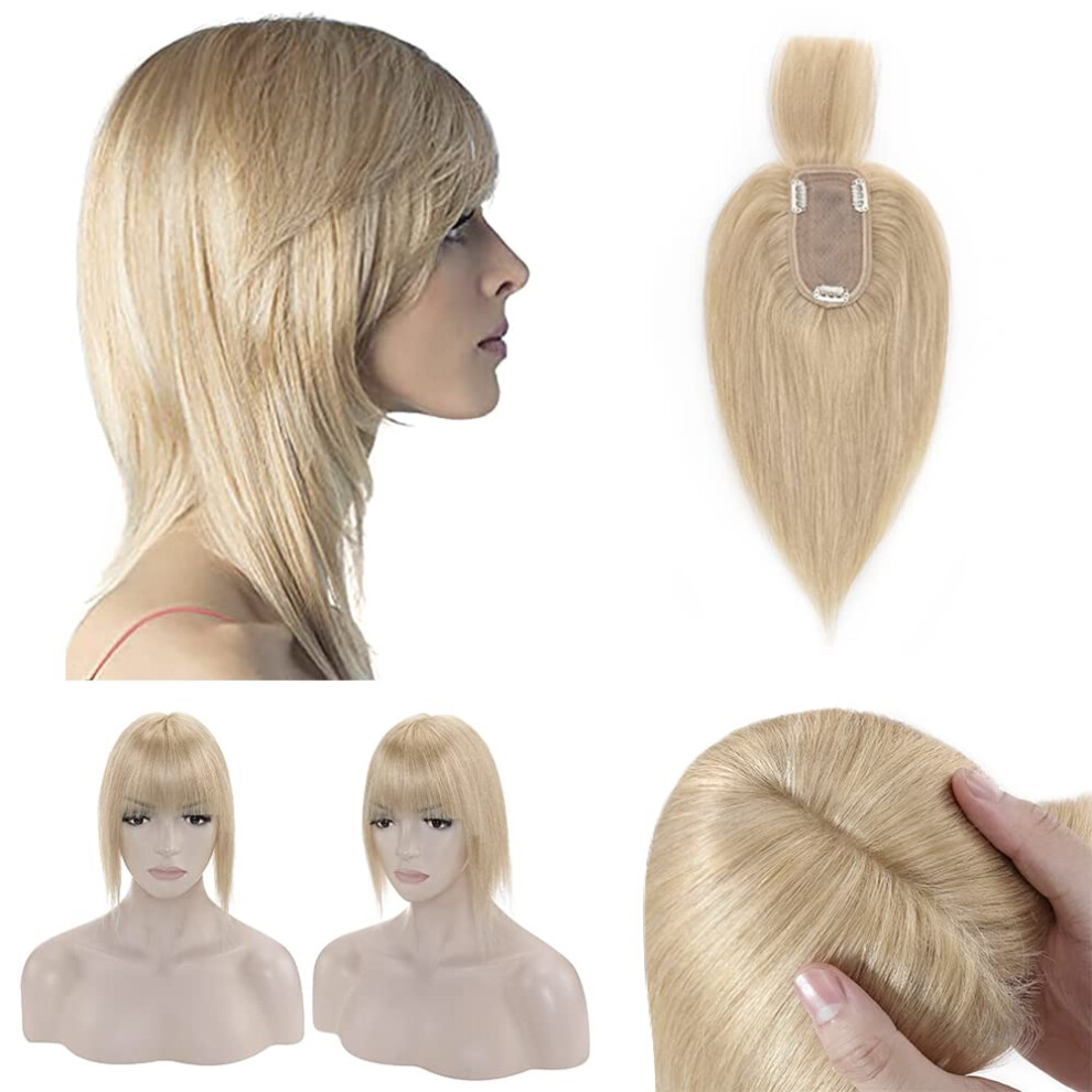 Unisex Remy Human Hair Topper With Bangs Silk Base For Thinning Hair Clip In 10 Inch Natural Blonde