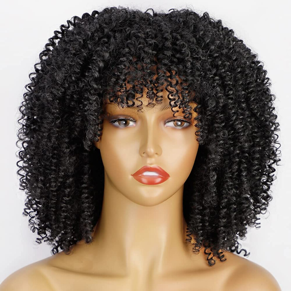 Unisex Black Afro Curly Wig For Women Short Heat Resistant Synthetic Kinky Curls With Bangs