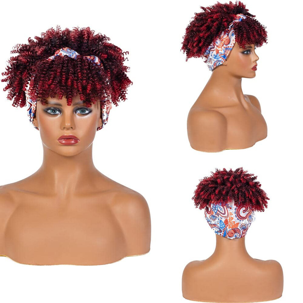 Unisex Black,Red Short Red Afro Wig For Black Women With Headband, 5In Heat Resistant Fiber, Realistic Look
