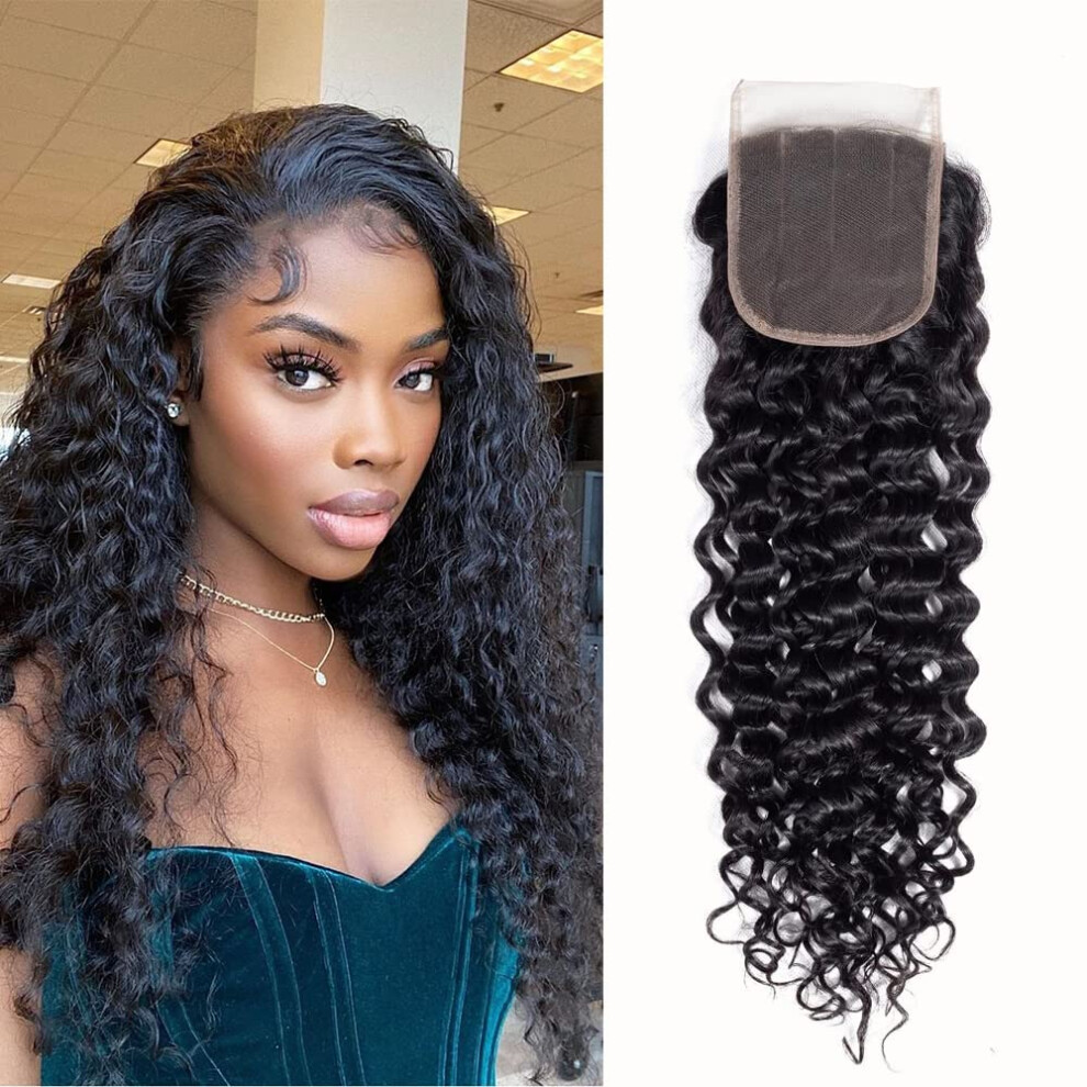 Unisex Brazilian Virgin Deep Curly Human Hair Lace Closure 4X4 Jerry Curl Natural Color 18 Inch