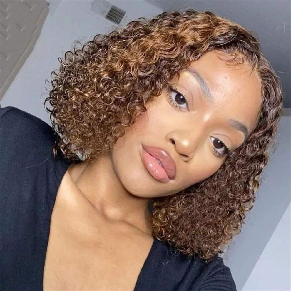 Unisex Brazilian Virgin Human Hair Lace Front Wig Honey Blonde Curly Bob 13X4 Pre Plucked For Women