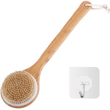 Body Exfoliating Brush with Long Handle Wooden Back Scrubber for Shower, 15.7 Inch Ergonomic Grip