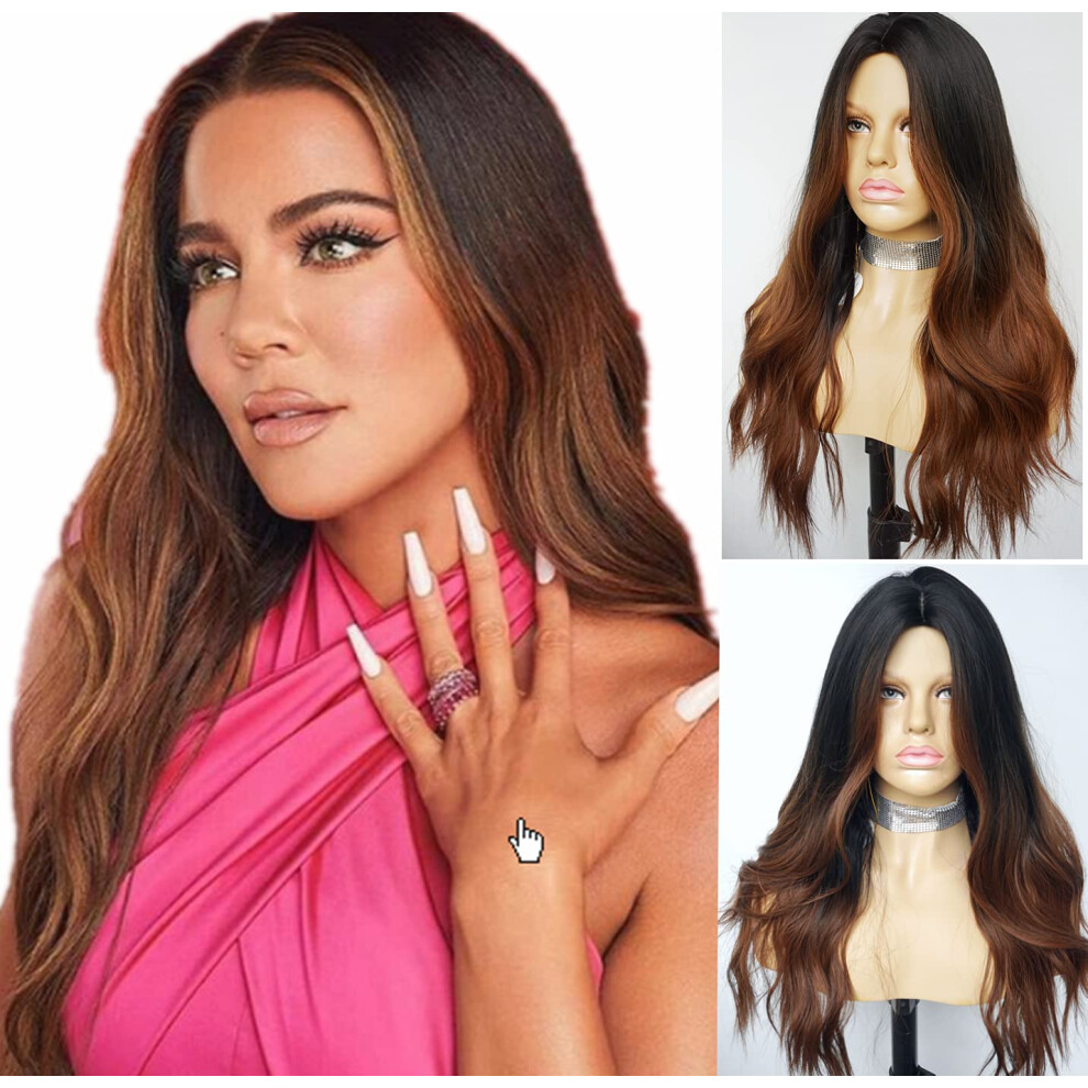 Synthetic Wigs for Women Brown to Black Ombre Long Layered Wavy Hair with Face Framing Highlights