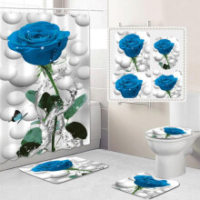 Conjunto de cortina de chuveiro Aosijia4PCS com estampa de rosas, tapetes, capa para tampa de vaso sanitário, tapete em formato de U, poliéster