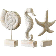 3 pezzi di sculture moderne in legno per la decorazione della casa: statuette di stelle marine, conchiglie, cavallucci marini, stile nautico da
