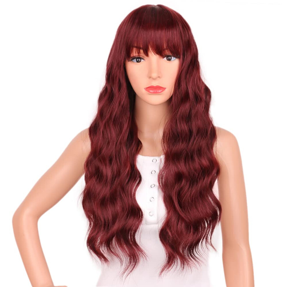 Wine Red Long Wavy Wig with Bangs Heat Resistant Synthetic Hair Natural Look for Women Cosplay