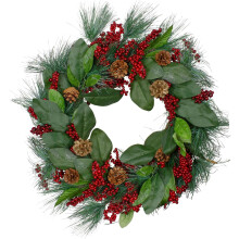 Guirlanda de Natal artificial com folhas, frutos silvestres e agulhas de pinheiro - 60 cm (24 polegadas), sem luzes.