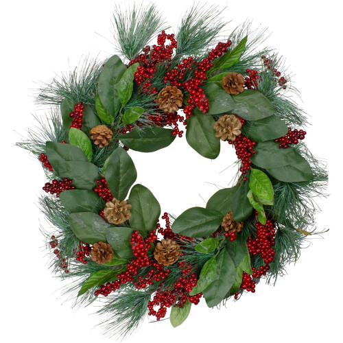 Guirlanda de Natal artificial com folhas, frutos silvestres e agulhas de pinheiro - 60 cm (24 polegadas), sem luzes.