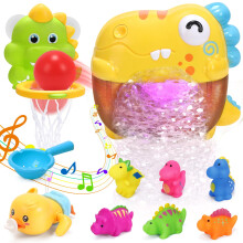 Brinquedos para Banho de Bebê, Dinossauro com Bolhas de Sabão Automáticas, 6 Luzes e Música, Jogo 2 em 1 de Basquete e Pesca, Pato Flutuante de