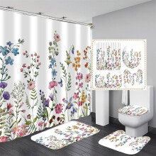 Conjunto de cortina de chuveiro floral com 4 peças, tapetes antiderrapantes, tampa para vaso sanitário e tapete de banho, cortina boho colorida +