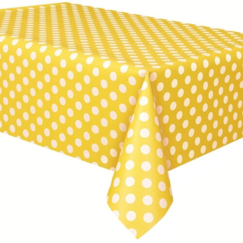 Mesa retangular de PVC com estampa de bolinhas, 137 x 183 cm, na cor amarela.