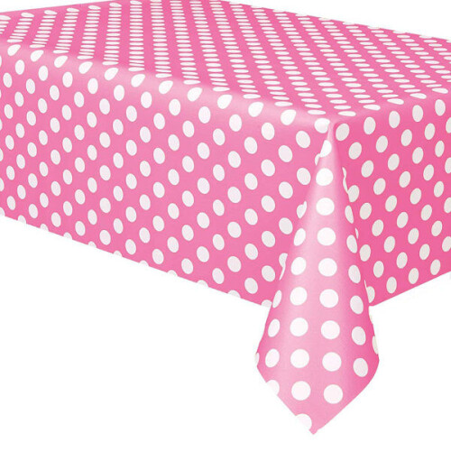 Mesa retangular de PVC com estampa de bolinhas, 137 x 183 cm, na cor amarela. 1