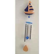 Móbile de 25 cm feito à mão, sino de vento de madeira exclusivo com desenho de barco à vela azul marinho (novo).