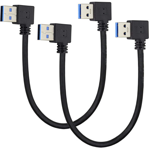 Pacote com 2 cabos USB 3.0A em ângulo reto e esquerdo (90 graus) com conector USB 3.0 tipo A macho para transferência de dados e carregamento.
