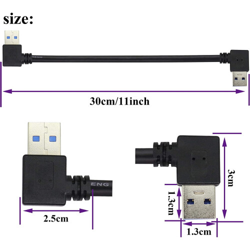 Pacote com 2 cabos USB 3.0A em ângulo reto e esquerdo (90 graus) com conector USB 3.0 tipo A macho para transferência de dados e carregamento. 1