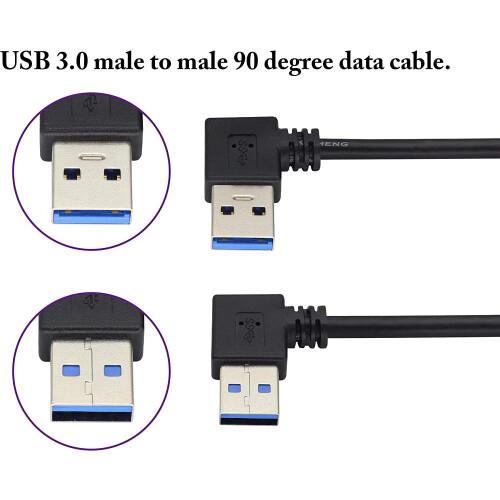 Pacote com 2 cabos USB 3.0A em ângulo reto e esquerdo (90 graus) com conector USB 3.0 tipo A macho para transferência de dados e carregamento. 2