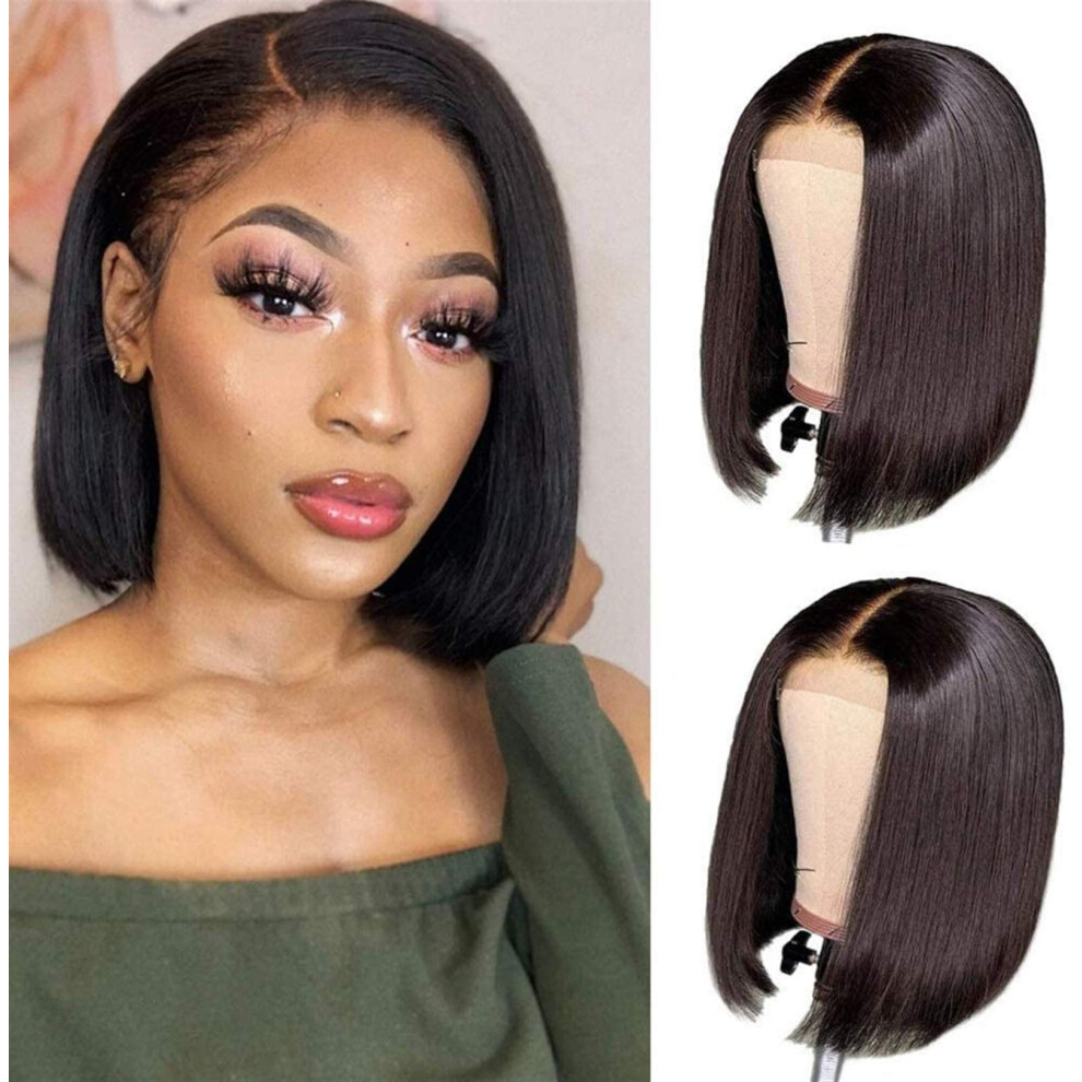 Unisex Black 8 Inch Brazilian Bob Lace Front Human Hair Wig For Women Glueless Pre Plucked Natural Hairline