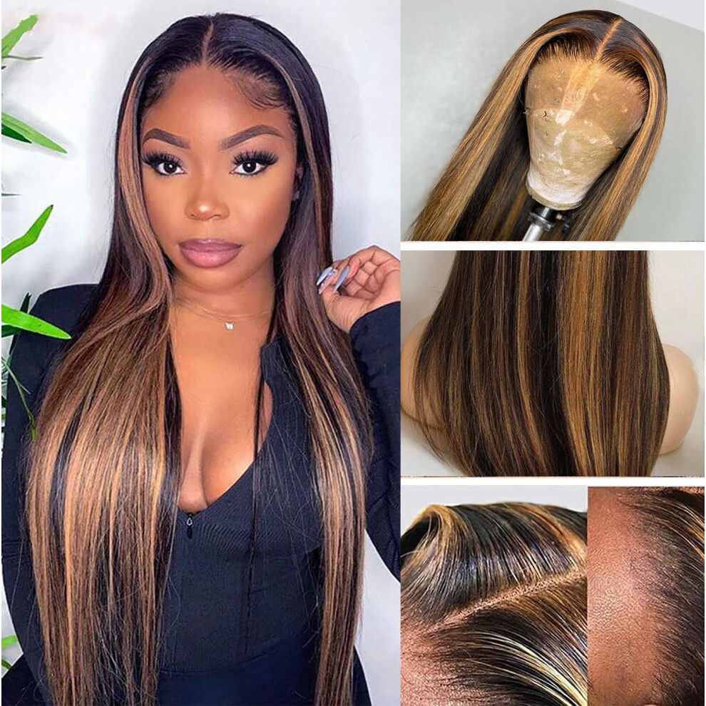 Unisex Highlight Ombre Brazilian Straight Human Hair Lace Front Wig 13X4x1 Pre Plucked Natural Hairline