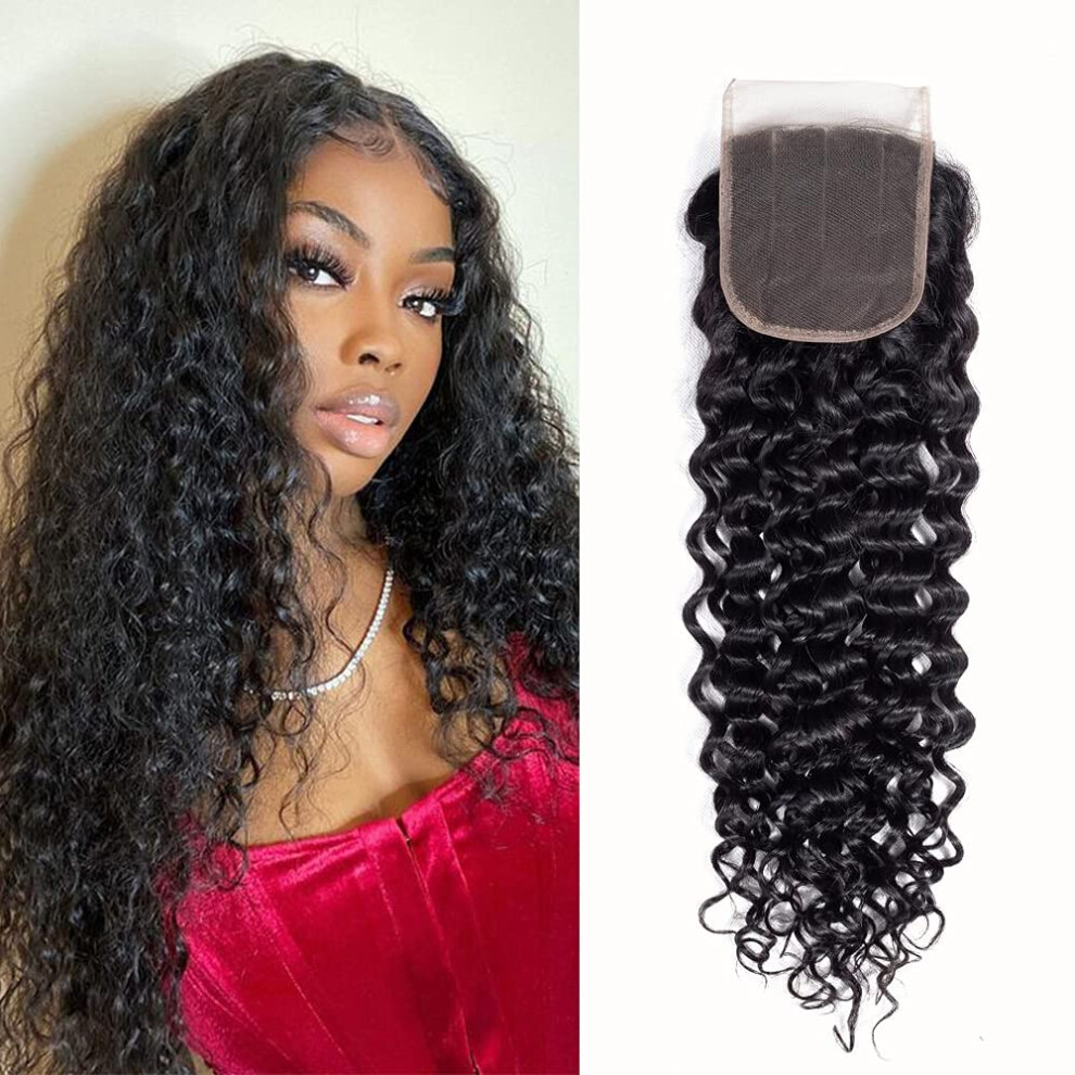 Unisex Brazilian Virgin Deep Curly Human Hair Lace Closure 4X4 Jerry Curly Natural Hairline 20 Inch
