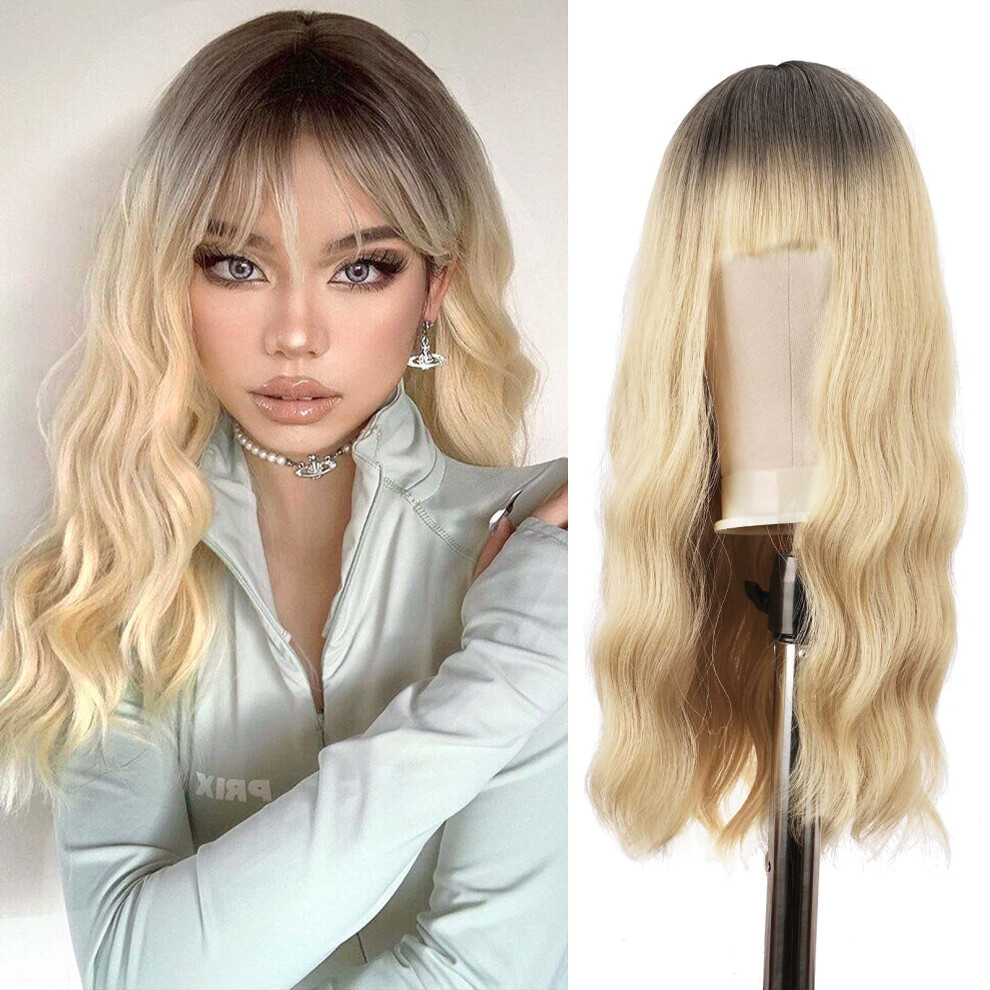 24 Inch Ombre Golden Long Curly Wigs with Bangs for Women Natural Dark Roots Synthetic Hair