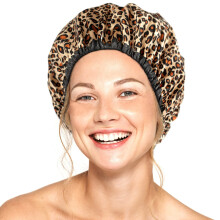Large Leopard Print Shower Cap for Women, Reusable Waterproof Hair Cap with Large Opening for Long Hair