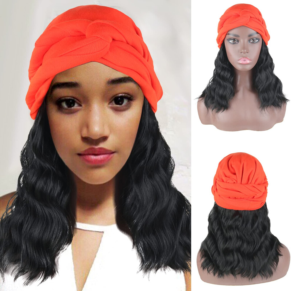 Unisex Orange Bob Curly Headband Wig With Pretied Turban, Heat Resistant Synthetic Hair For Women