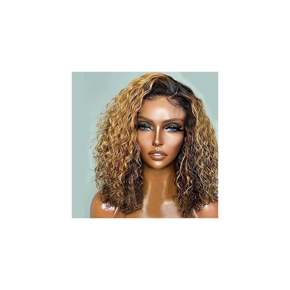 Unisex Human Hair Lace Front Wig Glueless Hd Transparent 13X6 Brazilian Curly Bob 1B/27 Ombre Honey Blonde 180 Density Pre Plucked With Baby Hair