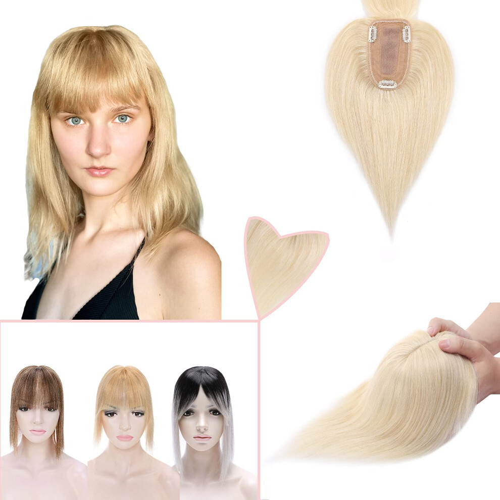 Unisex Silver Human Hair Topper With Bangs, Silk Base Platinum Blonde 12 Inch For Thinning Hair Women