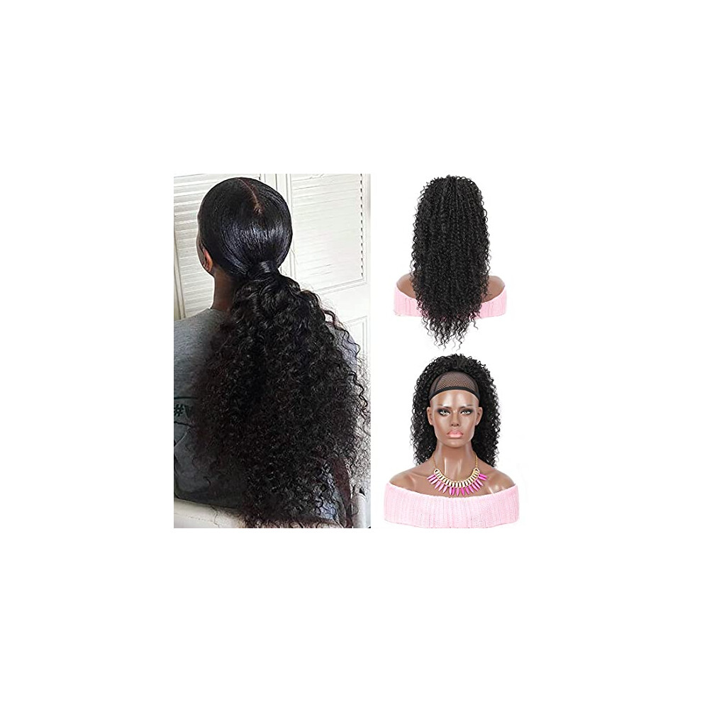 Ponytail Extension Deep Curly Synthetic Drawstring 22 Inch Black Heat Resistant Natural Look