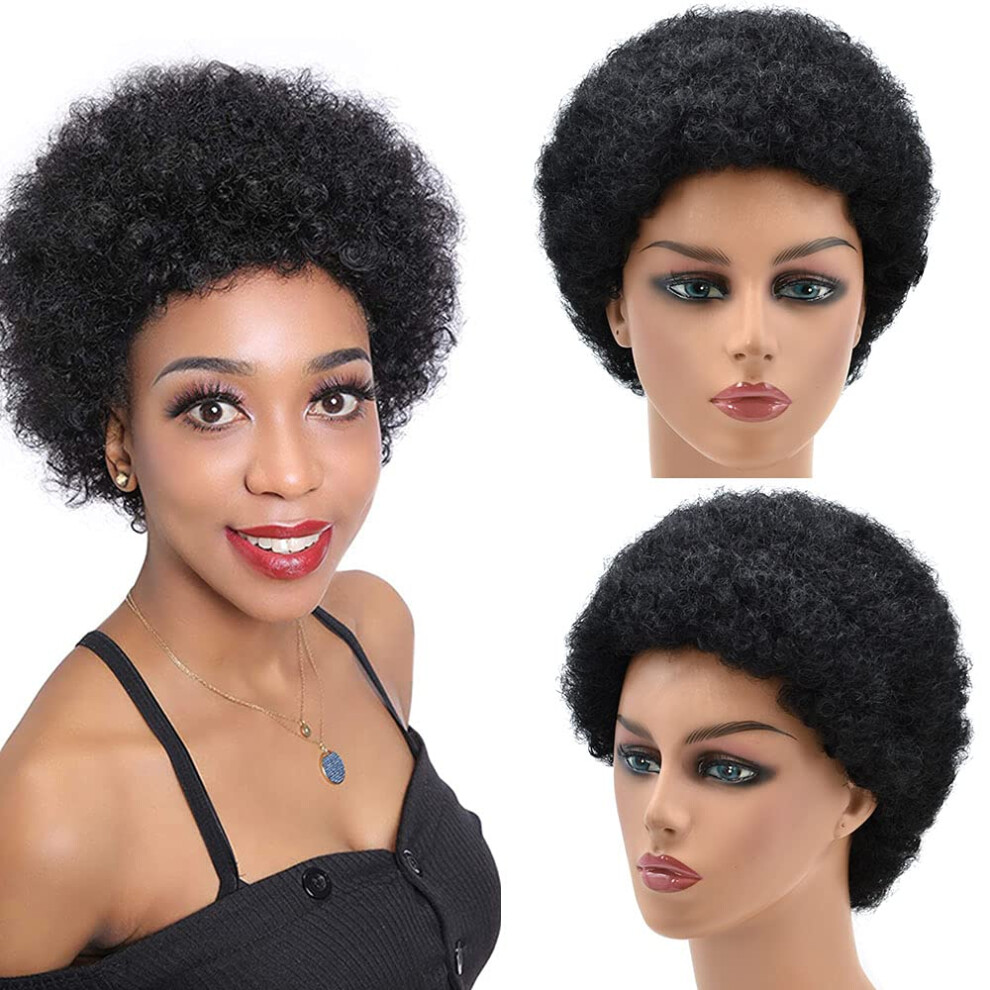 Unisex Black Short Afro Kinky Curly Human Hair Wig For Women Natural Curls Adjustable Cap Jet